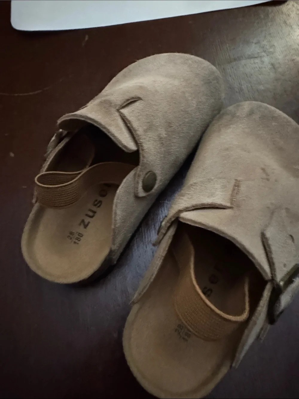 ZUSERIS brand Kids Suede Slingback Clogs in Taupe size 28